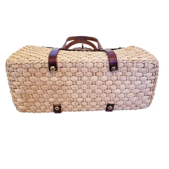 Etienne Aigner Vintage Woven Straw Double Handle Purse, Leather & Brass Details - Picture 4 of 16